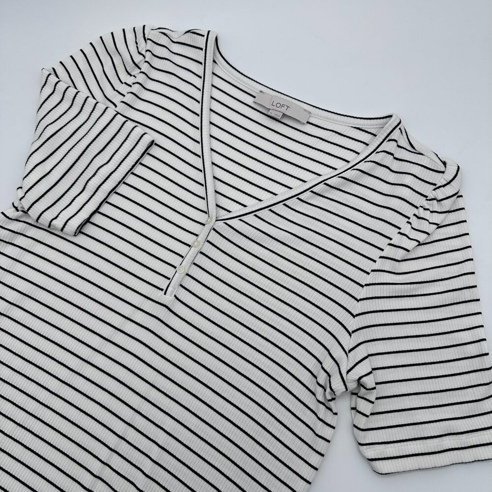 LOFT Black and White Striped V-Neck Ribbed Top with Button Placket